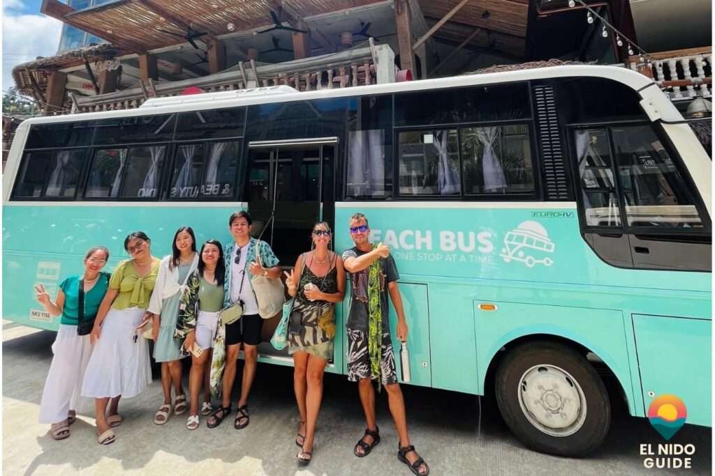 Beach Bus hop-on hop-off service at an El Nido beach stop on an overcast day