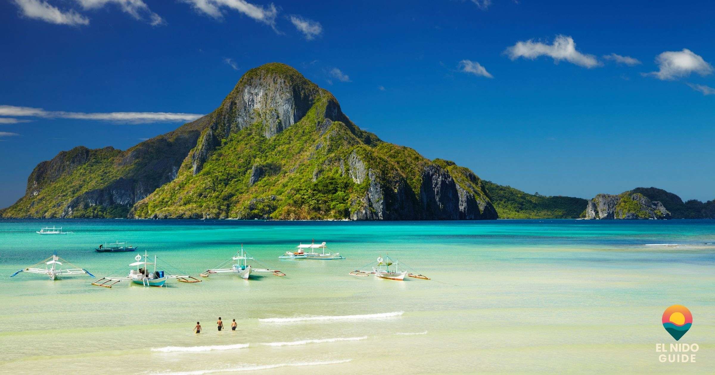 Aerial view of limestone island formations across Bacuit Bay, El Nido