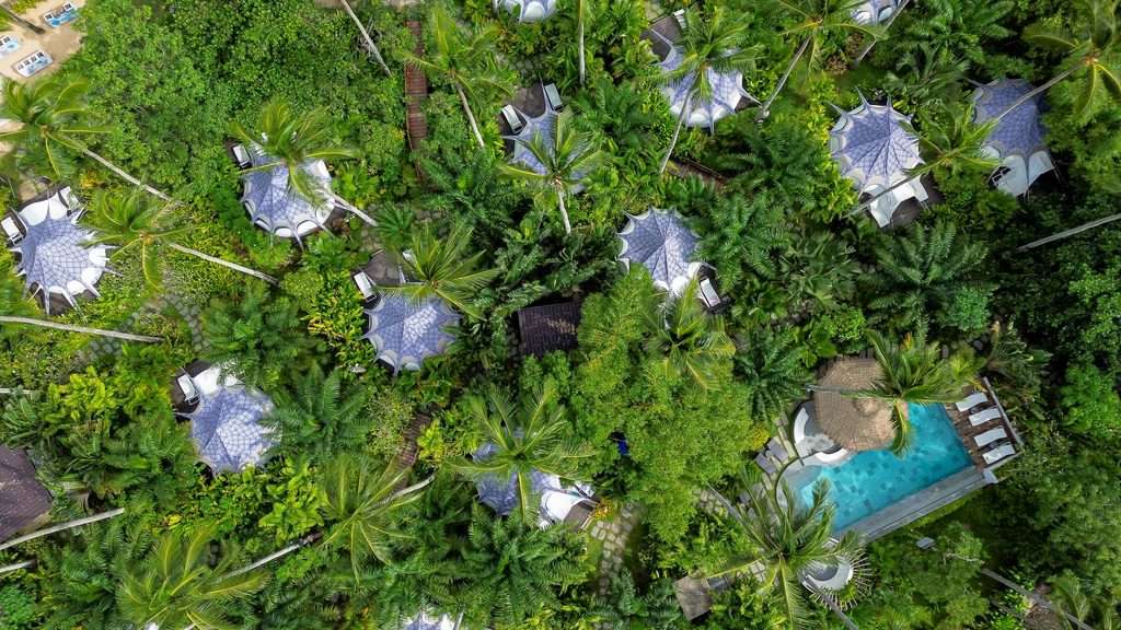 Aerial view of white glamping tents spaced among dense palm planting at Nacpan Beach, El Nido