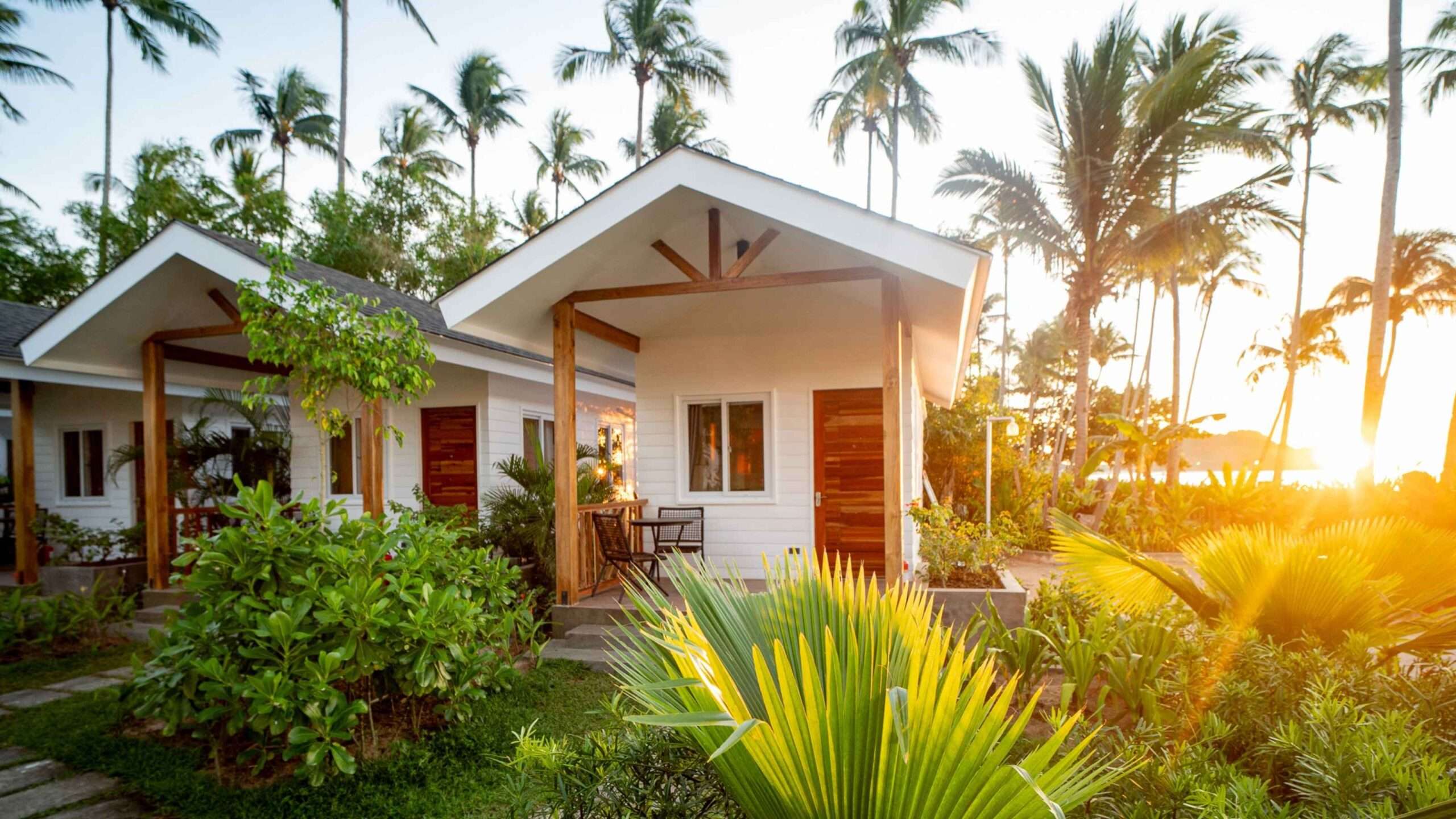 Beach villas at Nacpan at golden hour