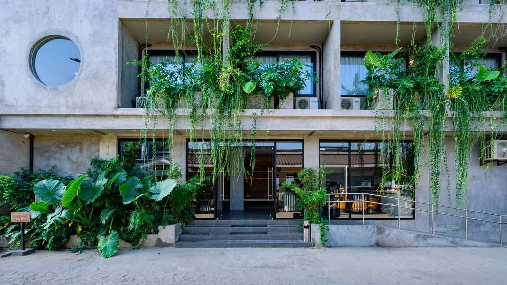 Glass frontage of Z Garden Hotel El Nido framed by hanging tropical planting